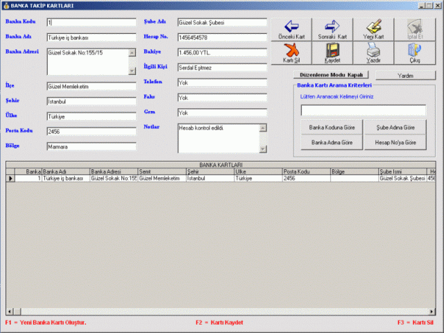 Banka Takip Kartlar� Ekran�